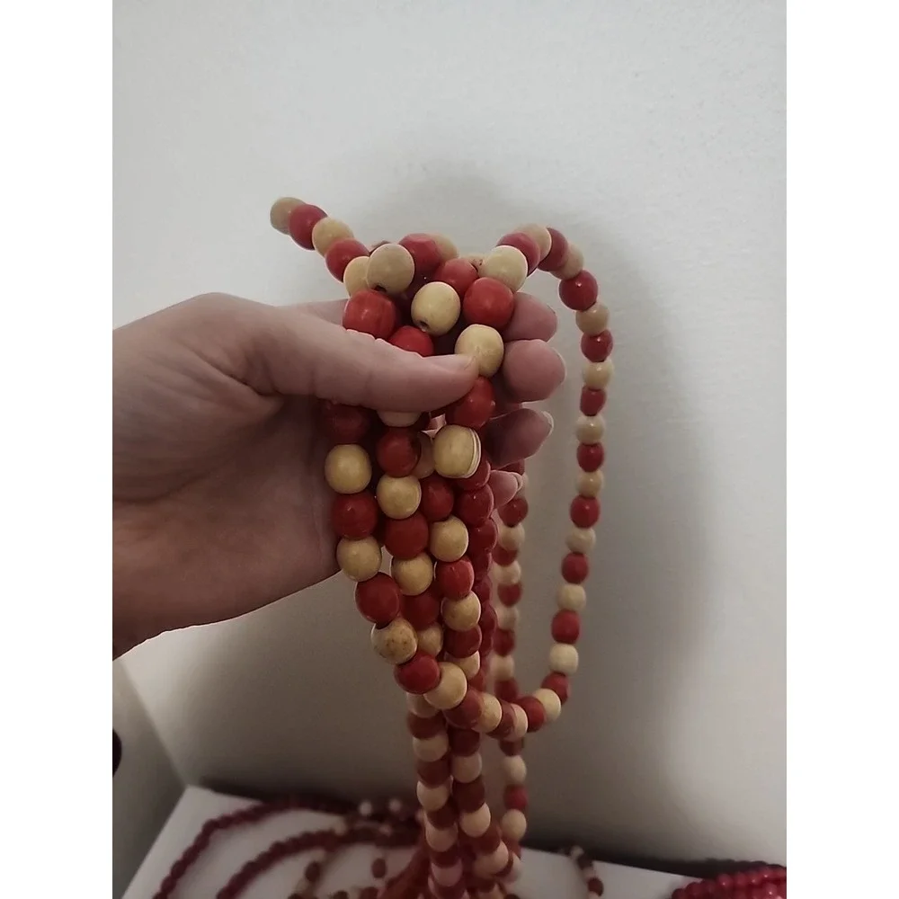 Vintage‎ Wooden Beads Christmas Tree Garland Cabin Core Cranberry Red 43ft